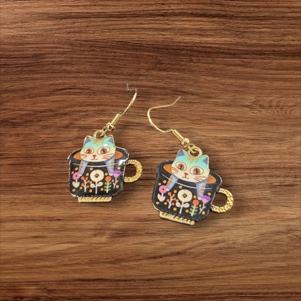 Cat in Cup Earrings with Floral Design